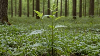 En krøp som vokser i skogen, med lange stammer og blader.