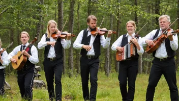 En gruppe mennesker som spiller tradisjonelle norske instrumenter og synger en livlig tralling.