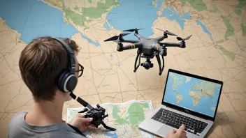 En person som overvåker et geografisk område med en drone, med en laptop og et kart i bakgrunnen.