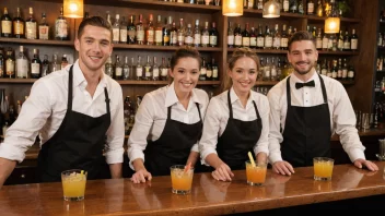 Et team av vennlige barpersonale som står bak en bar, klar til å servere kunder.