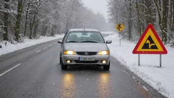 En bil kjører på en glatt vei med snø og is, med et varselsskilt i bakgrunnen