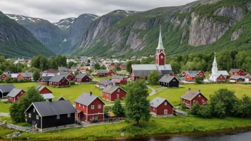 En pittoresk norsk by med trehus og en kirke.