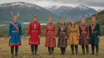 En gruppe samer i tradisjonelle klær, stående foran et fjellandskap med reinsdyr i bakgrunnen.