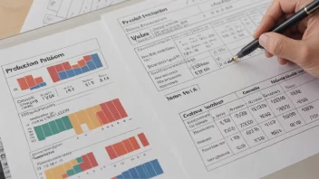 En person som arbeider på en datamaskin med en kalkulator og papirer i nærheten, med en graf som viser ulike produksjonsverdier i bakgrunnen.