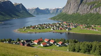 Et idyllisk norsk landskap med en liten landsby og et skilt med navnet 'Osberg'.