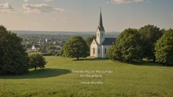 Et fredelig landskap med en kirke eller et bedehus i bakgrunnen, med et sitat eller en frase relatert til søndag eller moral i forgrunnen.