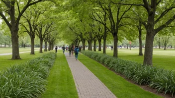 Et fredelig og rolig bilde av en gressdekket sti eller gangvei i en park eller naturlig omgivelse.