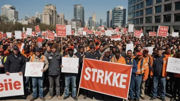 En gruppe arbeidere på streik, som protesterer for bedre arbeidsvilkår og lønn.