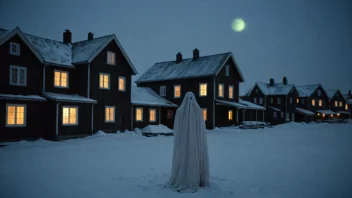 Et spøkelsesaktig vesen i et hvitt laken, med en uhyggelig glød i bakgrunnen, omgitt av gamle norske hus.