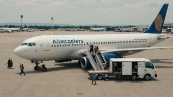 Et fly på bakken på en flyplass med passasjerer som går av og på