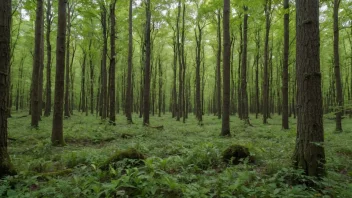 En tett skog med ulike typer trær og undervekst.