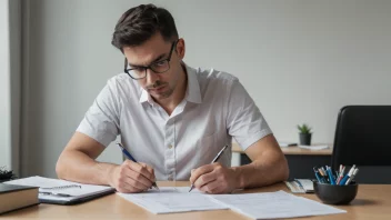 En person som sitter ved et skrivebord med papirer og en penn, vurderer og evaluerer arbeid eller prestasjoner.