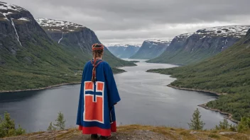 En samisk person står stolt foran et vakkert norsk landskap, og viser deres tilknytning til landet og deres arv.