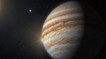 Planeten Jupiter med sin karakteristiske stripestruktur, omgitt av en halo av lys.