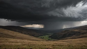 Et bilde av et dramatisk landskap med mørke skyer, sterk vind og kraftig regn eller snø.