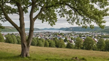 Et idyllisk landskap med eiketrær i forgrunnen og en antydning av en norsk landsby eller by i bakgrunnen