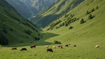 Et fredelig fjelleng med en rekke dyr som beiter på den frodige grønne gresset.