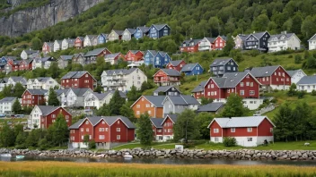 Et bilde som viser ulike typer hus og leiligheter i Norge, inkludert leiligheter, eneboliger og rekkehus.