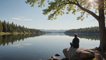 Et rolig og fredelig landskap med en person som sitter på en stein og ser ut over en fredelig innsjø med noen trær og en solfylt himmel.