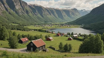 Et idyllisk norsk landskap med en liten landsby eller gård i bakgrunnen.