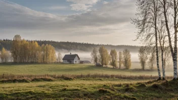 Et fredelig landskap med en liten gård eller landsby i bakgrunnen, omgitt av bjørketrær.