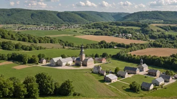 En landlig bygd med et kommunehus eller samfunnshus i sentrum, omgitt av rullende åser og jordbruksland.