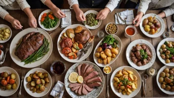 En varm og koselig scene av en tradisjonell norsk søndagsmiddag med familie og venner.