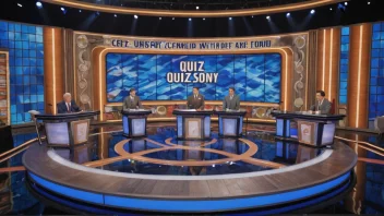 Et TV-studio med et quiz-show-sett, deltakere og en programleder.