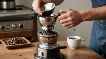 En person som grinder kaffebønner i en kaffekvern.