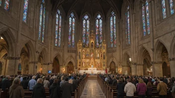 En katolsk kirke med et stort kors og farget glassvinduer, omgitt av mennesker av ulike aldre og etnisiteter.