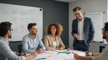 En gruppe mennesker i et møterom, smiler og diskuterer, med en whiteboard i bakgrunnen med notater og ideer for å forbedre arbeidsmiljøet.