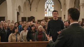 En mann i en kirke, som snakker med en gruppe mennesker, i en varm og inkluderende atmosfære.