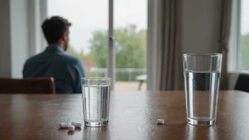 En flaske med antidepressiva piller på et bord med et glass vann og en person i bakgrunnen som ser ut vinduet