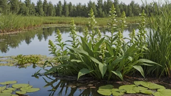 En Marsjordrene-plante med grønne blader og blomster, som vokser i et myrlendt område.