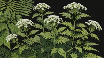 En illustrasjon av Valeriana officinalis-planten, også kjent som valeriansyre, med dens karakteristiske hvite blomster og bregne-lignende blader.