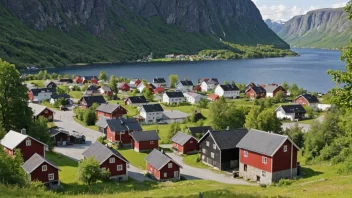 En pittoresk norsk by eller landsby med et skilt eller et kart som viser navnet 'Hofstad'.