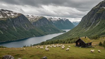 En fredelig og malerisk scene av en sætre i norsk vildmark.