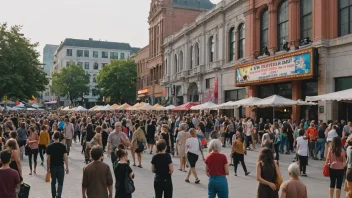 En byscene med en blanding av kulturelle arrangementer og aktiviteter, som viser mangfoldet av kulturtilbud.