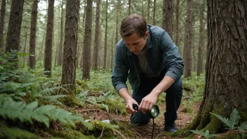 En person i en skog, som leter etter noe med et forstørrelsesglass, med et nysgjerrig uttrykk i ansiktet.