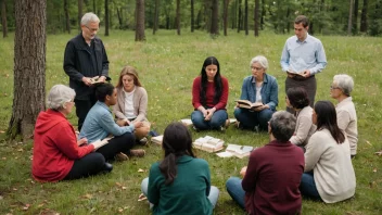 En gruppe mennesker fra ulike bakgrunner og aldre sitter i en sirkel, engasjert i en dyp diskusjon, med en subtil bakgrunn av bøker, lys og natur elementer.