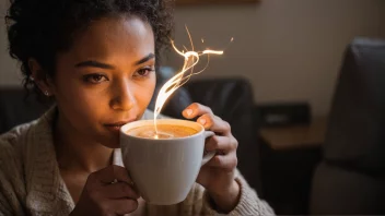 En person som drikker en kopp kaffe med et spark av energi rundt seg.