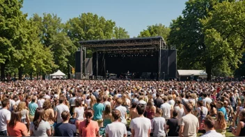 En livlig utendørskonsert med et band på scenen og folk som danser og synger med i mengden.