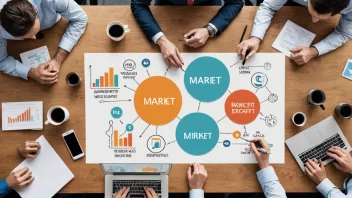 Et markedsføringslag samlet rundt et bord, planlegger og diskuterer sin markedsinnsats. Laget er omgitt av laptoper, papirer og markedsføringsmateriell.