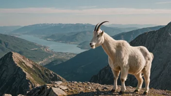 En fjellgeit som står på en bratt fjellskråning med en storslagen utsikt i bakgrunnen.