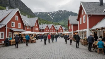 Et landsbytorv i Norge med mennesker samlet rundt et marked.