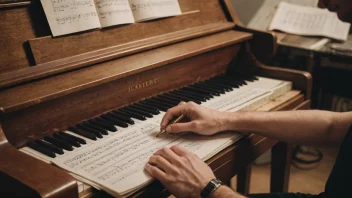 En person sitter ved et skrivebord med et piano og noter, omgitt av inspirerende gjenstander og kreative verktøy, og komponerer musikk på en unik og spesiell måte.