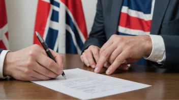 En person som signerer en finansiell avtale, med et norsk flagg i bakgrunnen.