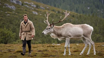 En tamrein i et naturlig miljø med en person i bakgrunnen.