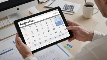 En person som holder en tablet med en budsjettopplegg på skjermen, med en kalender og en kalkulator i bakgrunnen.