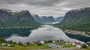 Et pittoreskt landsby i Norge med tradisjonelle hus og en storslagen natur.